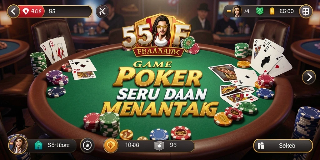 Tampilan screenshot utama 555F menunjukkan gameplay Poker yang seru dan interaktif.