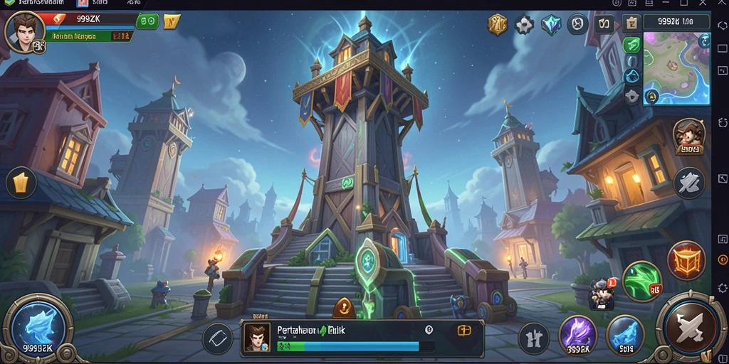 Screenshot gameplay 999ZK yang menunjukkan pertahanan menara yang strategis.