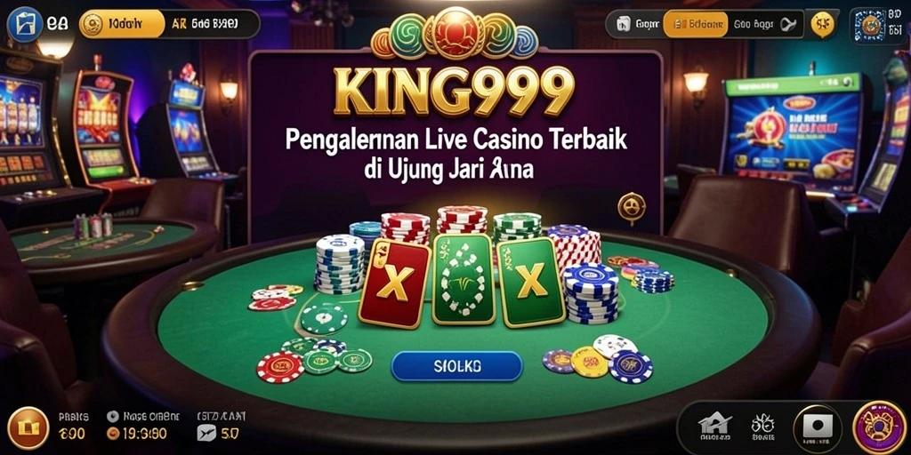Screenshot KING999 menampilkan dealer langsung dan suasana kasino yang mengasyikkan.